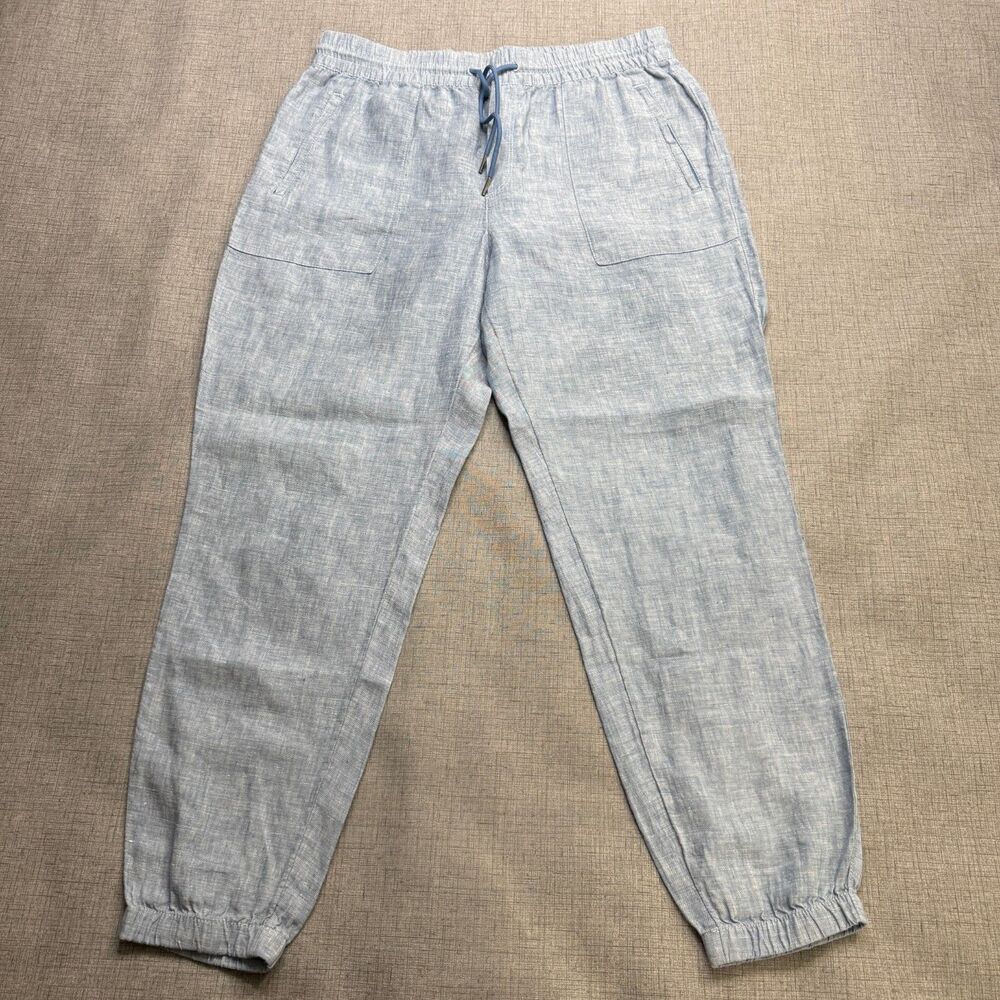 Athleta Retreat Linen Jogger Pants Women's 14 Blue Drawstring Tan Tapered